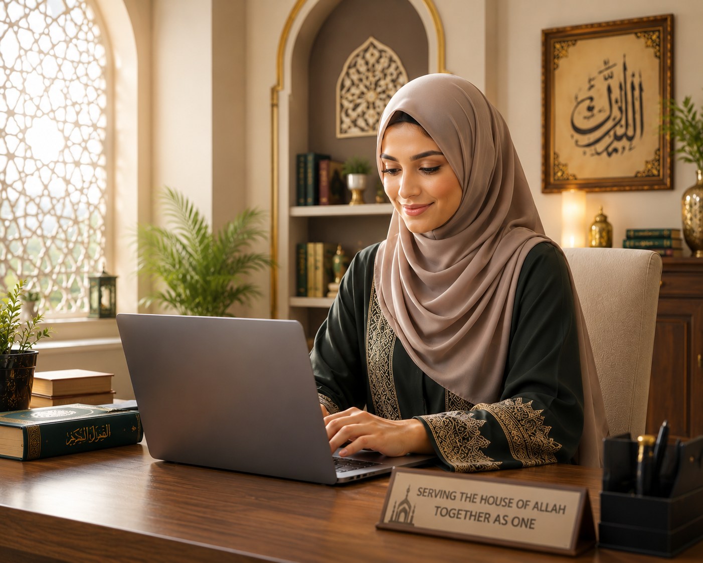 Mosque administrator working in KAUM IT on a laptop