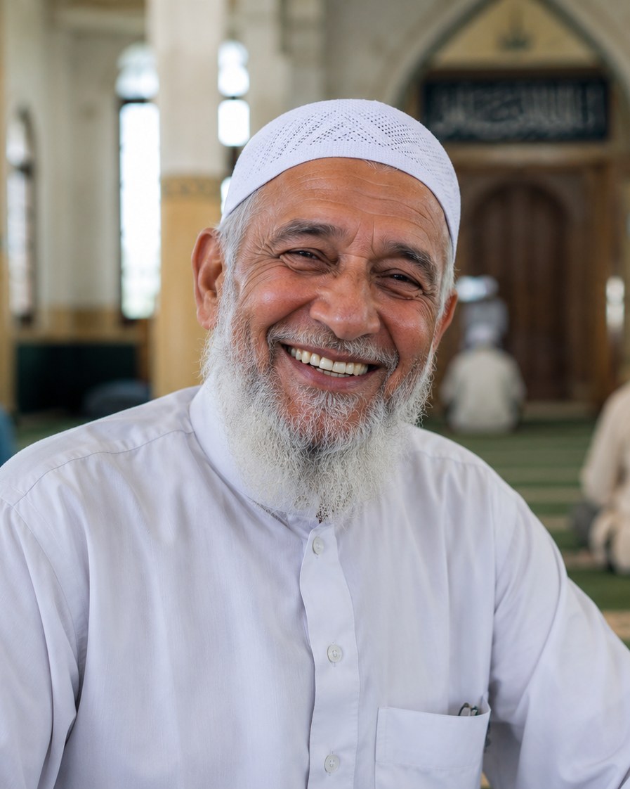A smiling community elder inside the mosque prayer hall
